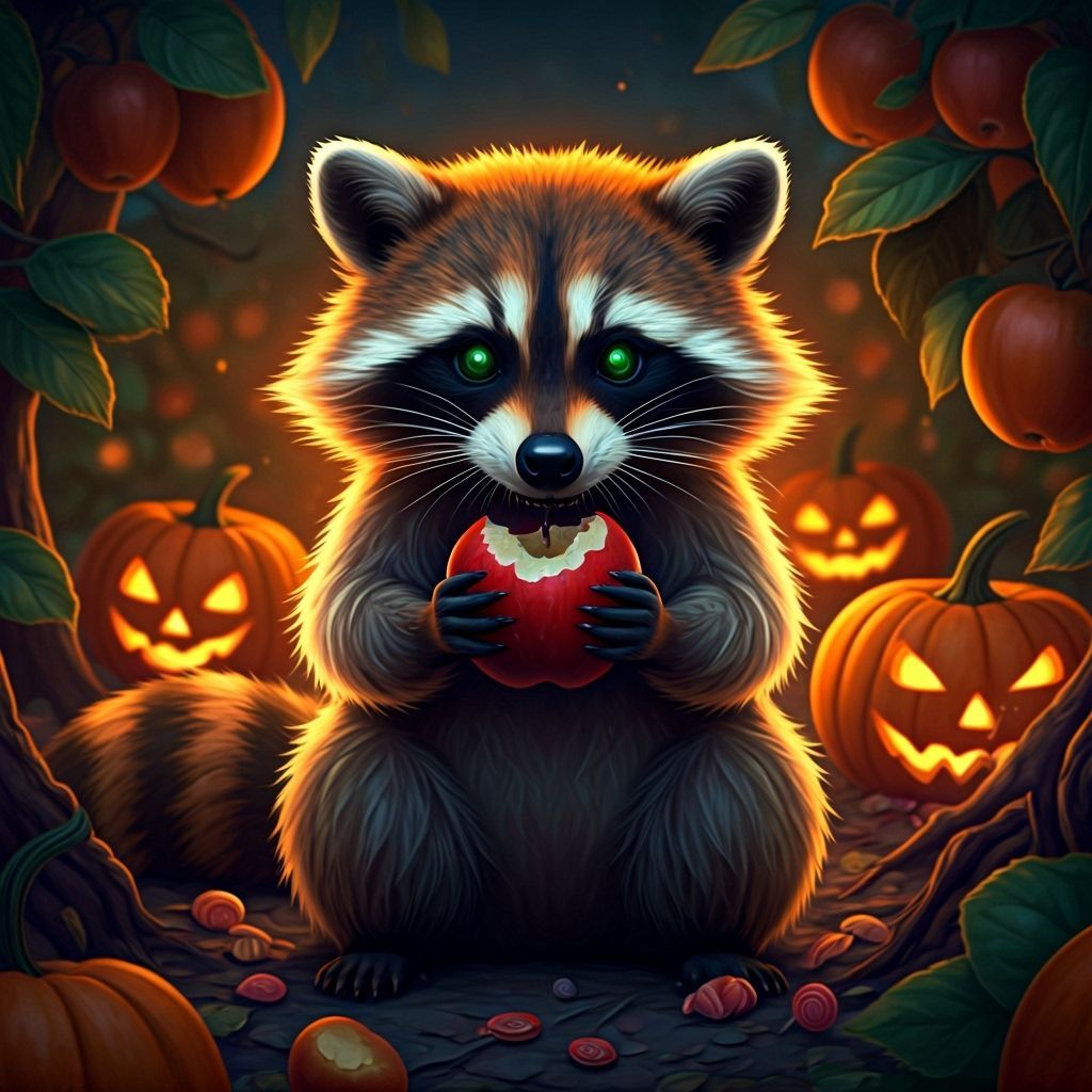 Mischievous Raccoon Munching Apple in Halloween Orchard