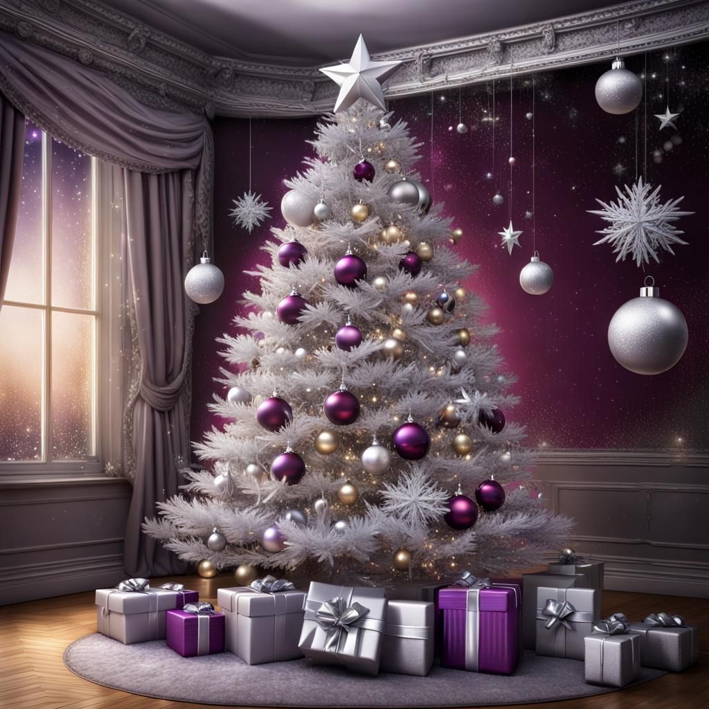 Elegant Silver Christmas Tree with Plum Baubles