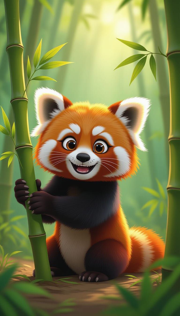 Cute Cartoon Red Panda Plays with Bamboo in Lush Forest