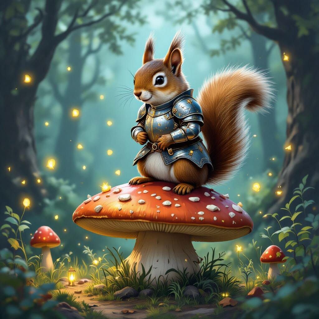 Squirrel Knight Guards Mushroom in Enchanted Forest