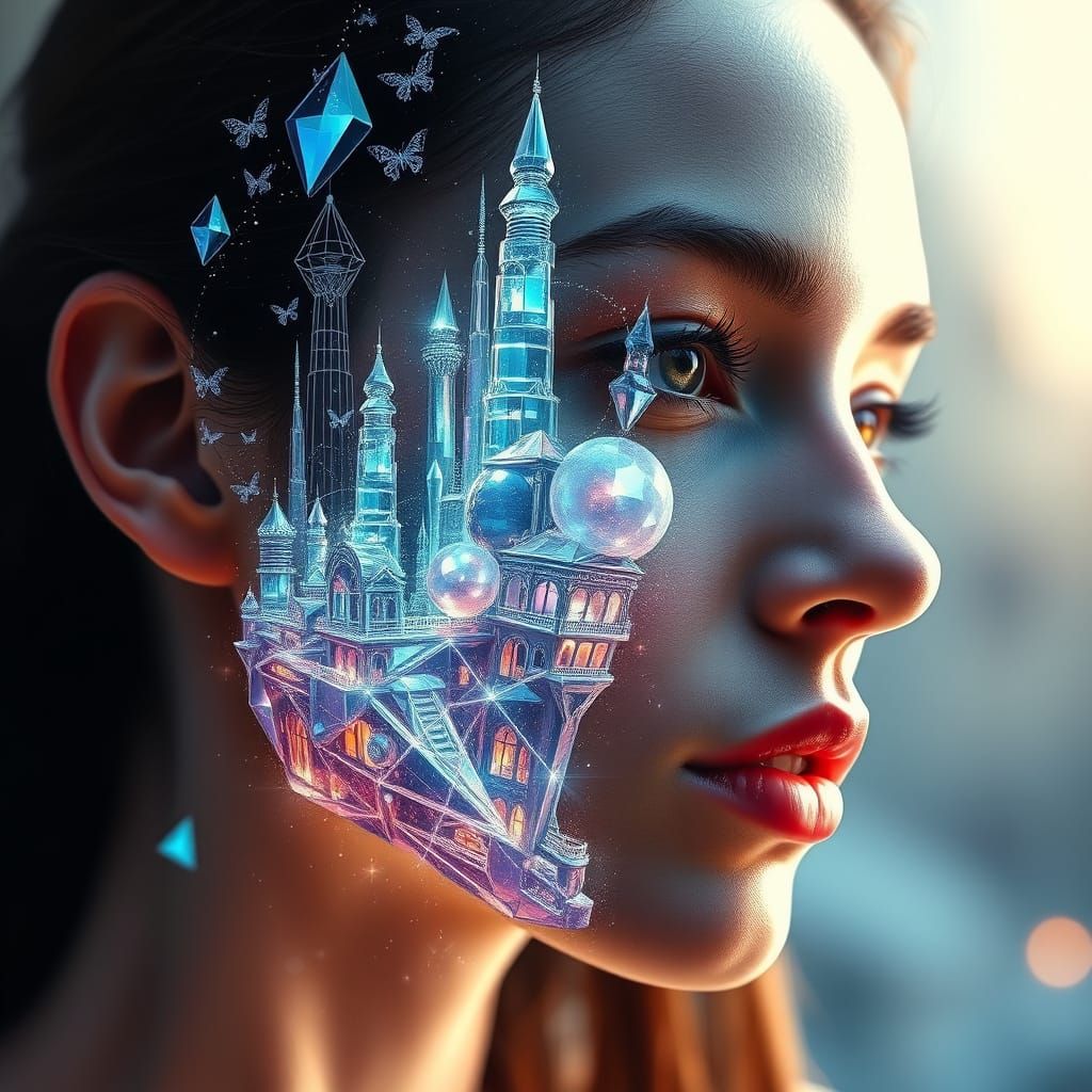 Ethereal Crystal Goddess with Shimmering Cityscape Skin