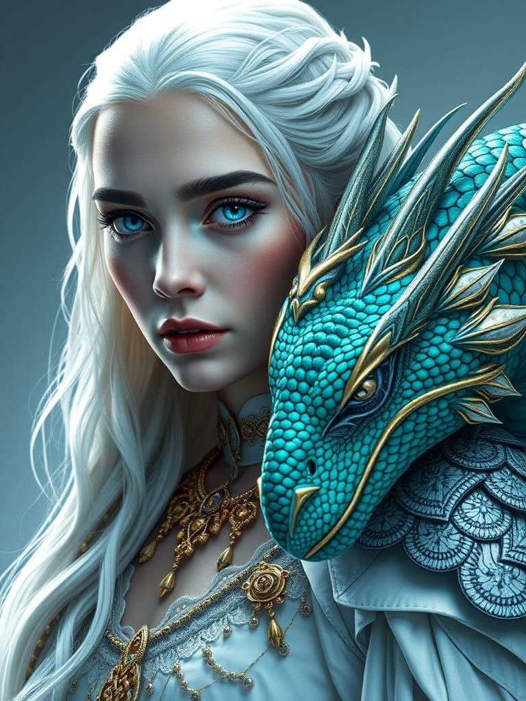 Regal Khaleesi with Dragon in Matte Painting Style
