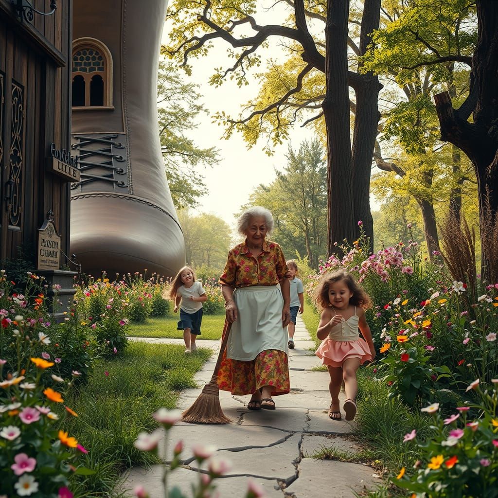 Giant Shoe House in Lush Garden, Cinematic Style