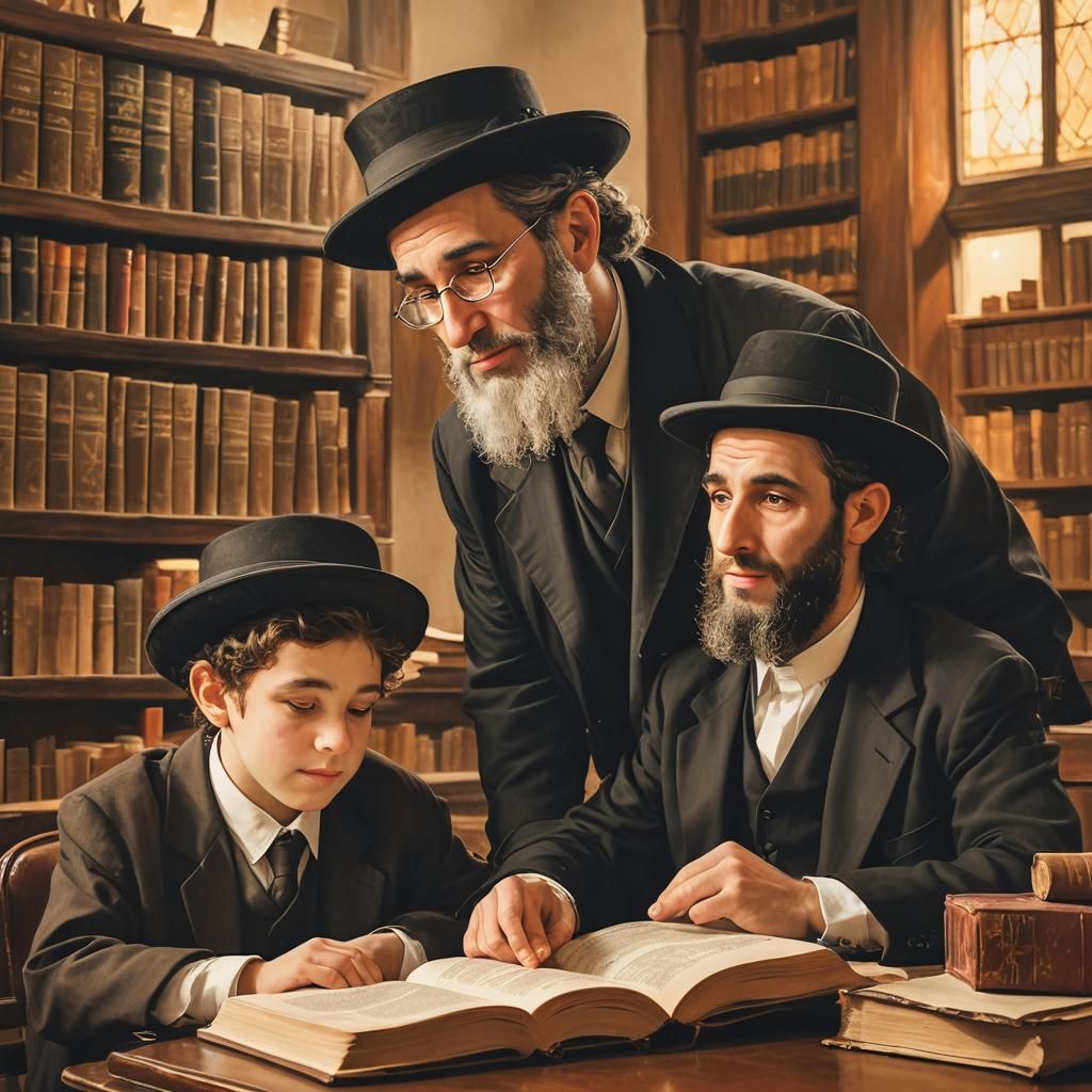 Serene Portrait of Jewish Father and Son Studying