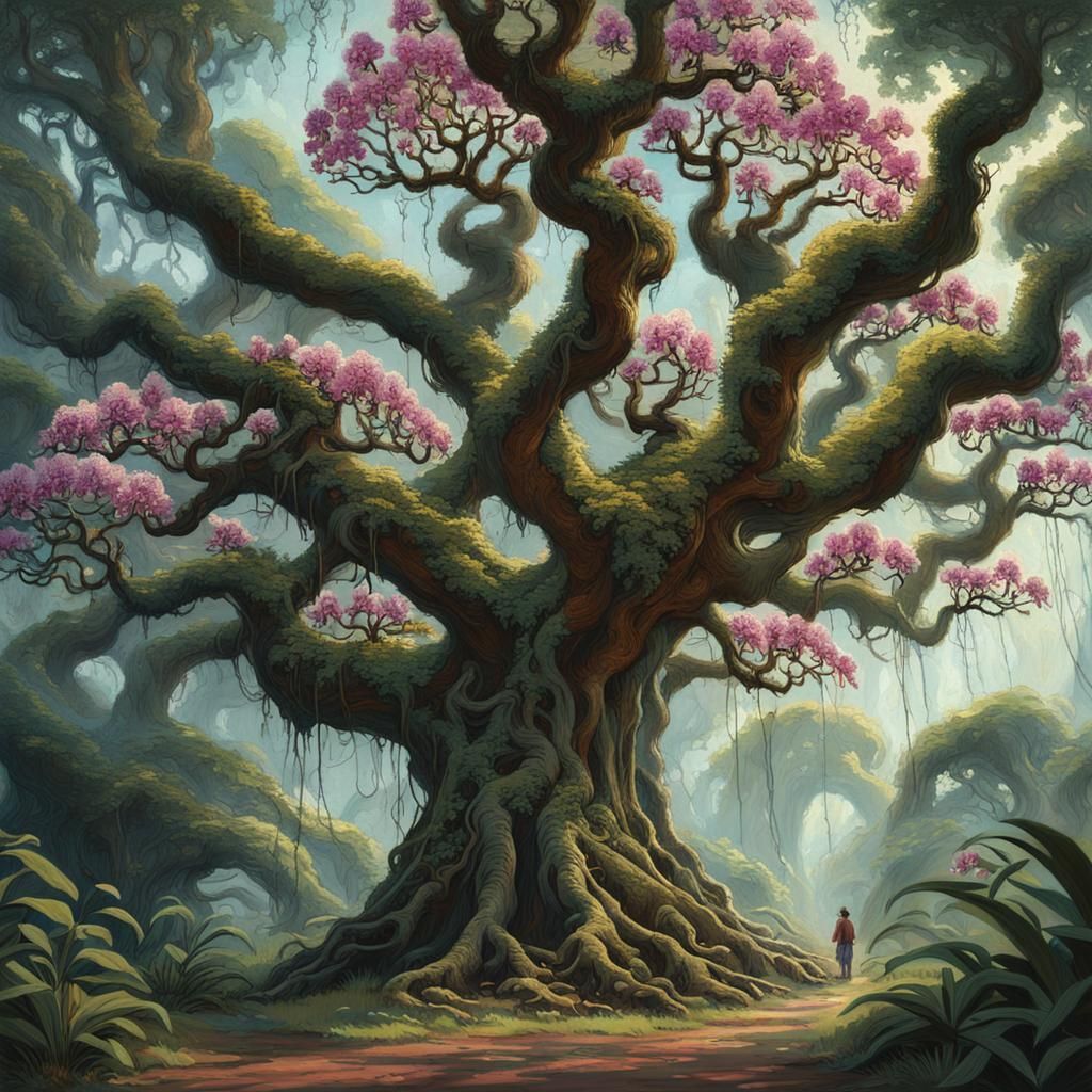 Orchid Tapestry Beneath a Majestic Forest Tree