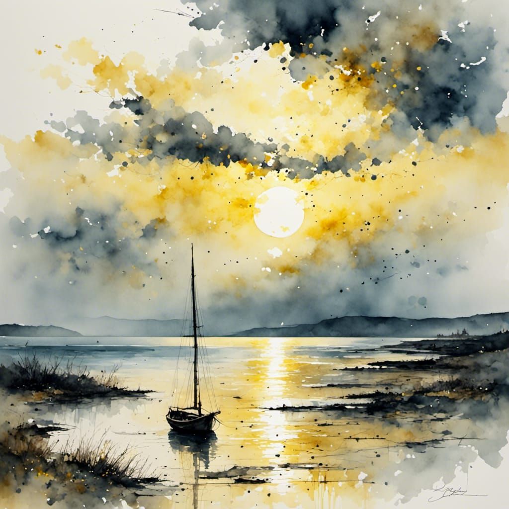 Dawn Seascape with Sailing Boat in Watercolor Style
