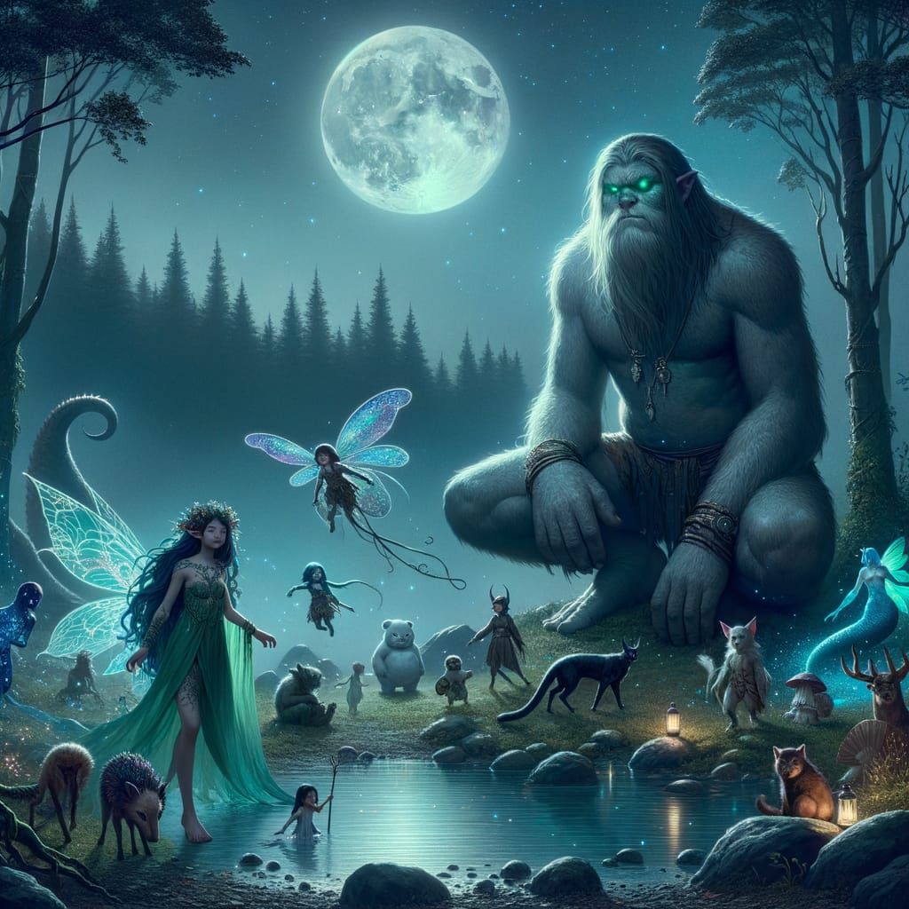 Moonlit Gathering of Fantasy Creatures in Forest Clearing