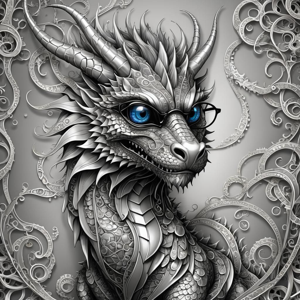 Medieval Silver Dragon with Glasses in Fractal Style