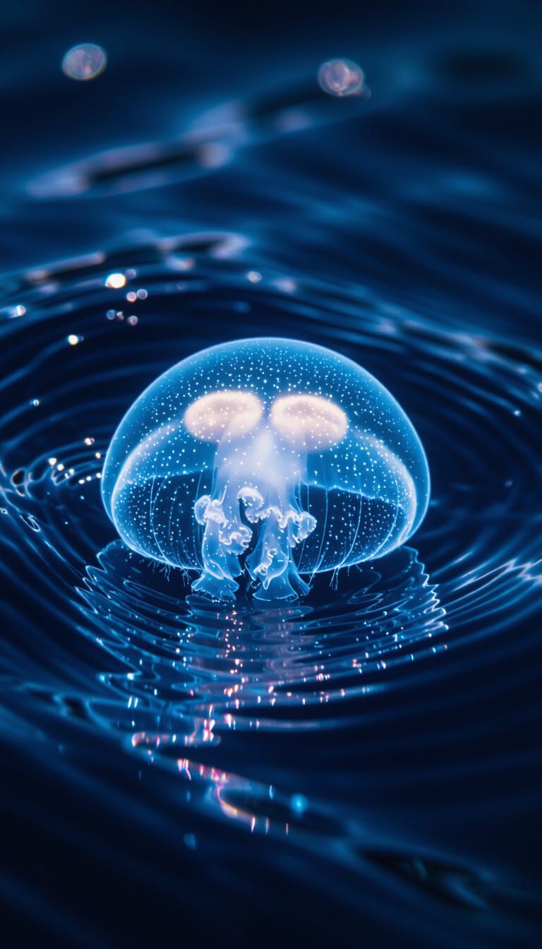 Bioluminescent Jellyfish Glowing in Dark Ocean Depths