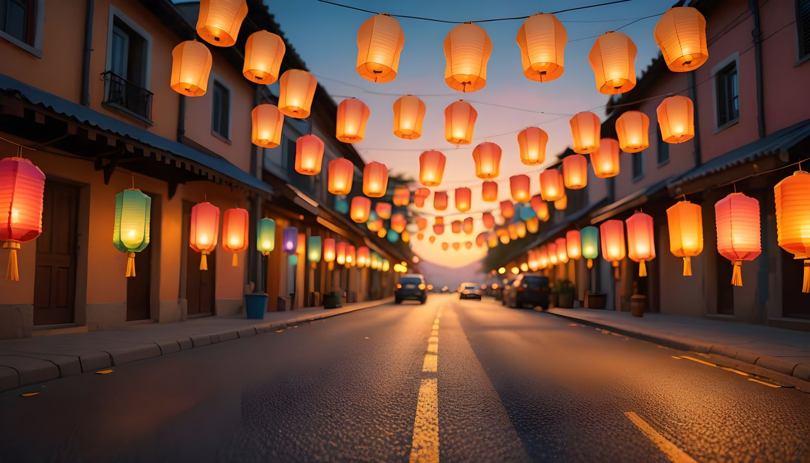 Colorful Paper Lanterns Illuminate Dusk Road