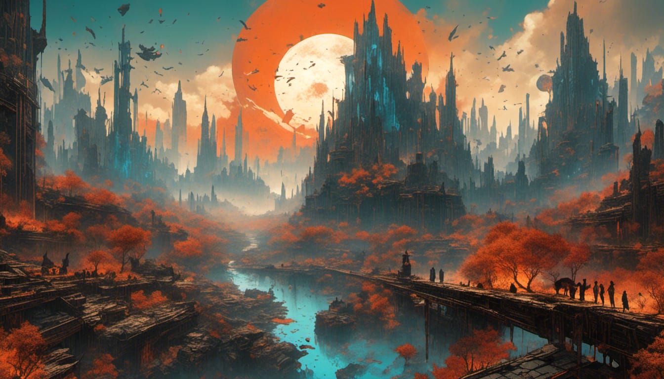 Futuristic City of Esthar with Ravens and Sun