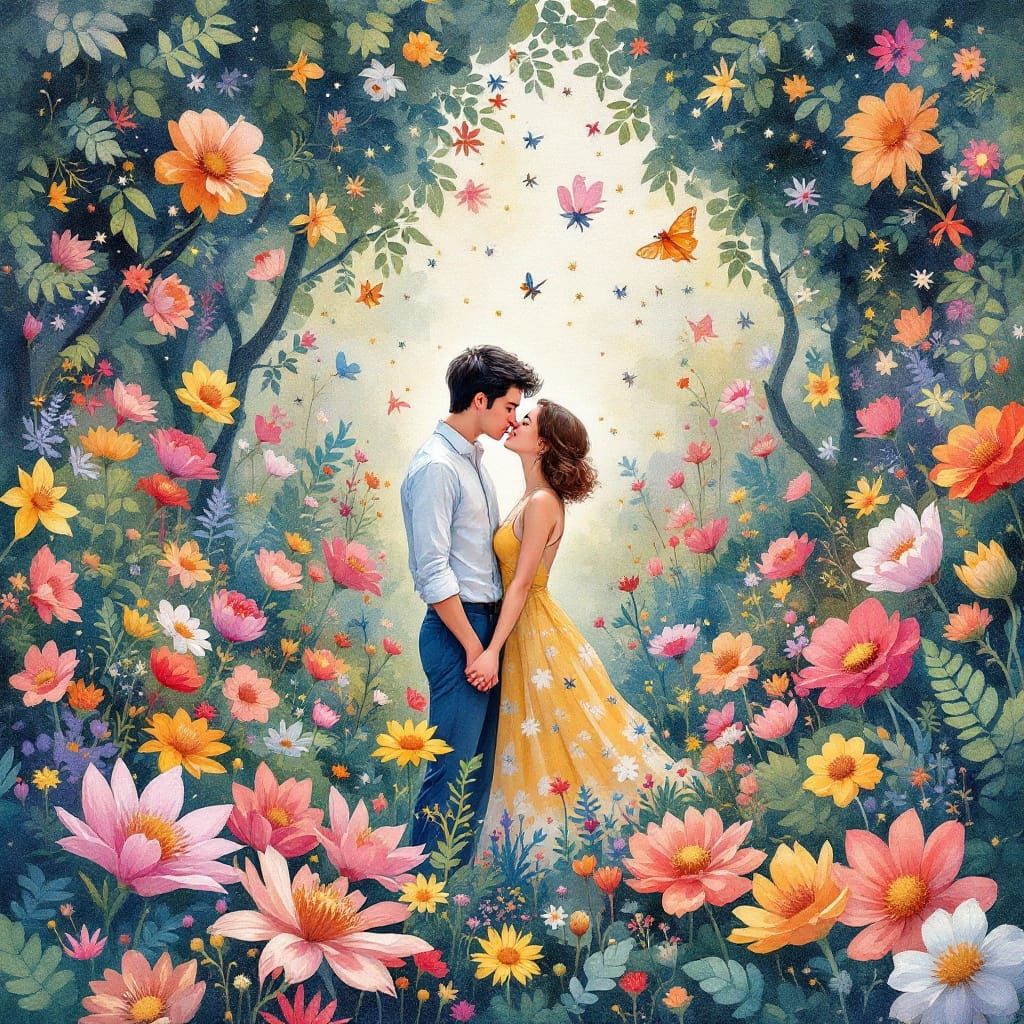 Whimsical Garden Romance in Vibrant Watercolor