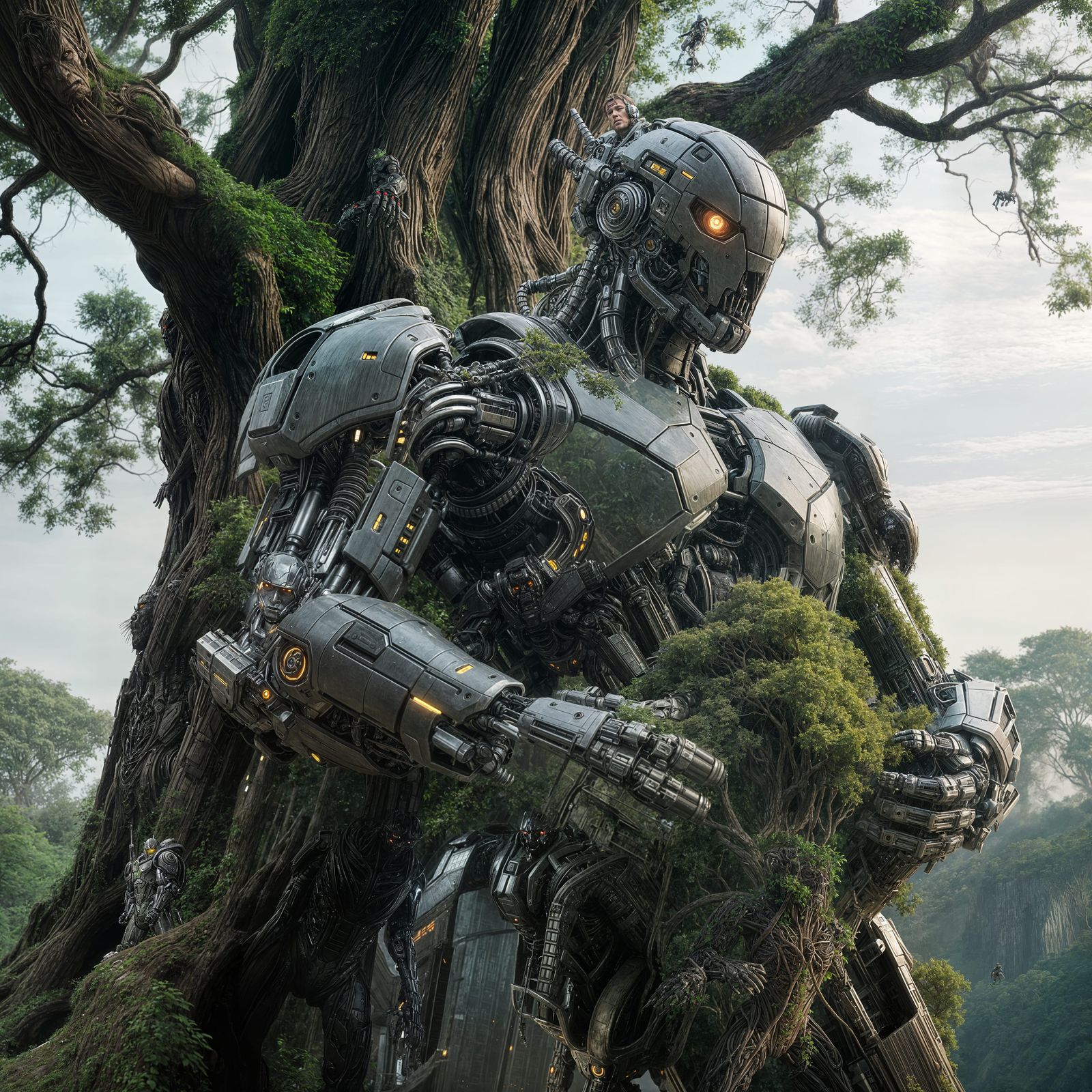 Gigantic Cyborg Tree Bodyguard: Hyperrealistic Cinematic Art