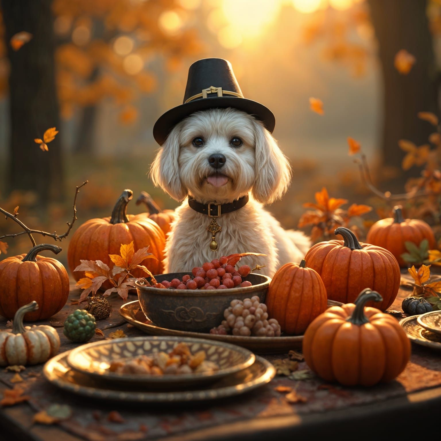 Maltese Dog Celebrates Thanksgiving: Detailed Digital Art