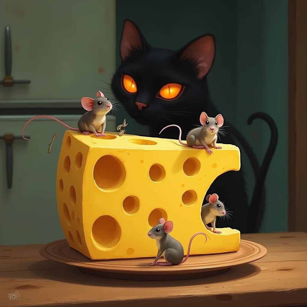 Cheese Chunk with Mice: A Gothic Digital Art Piece