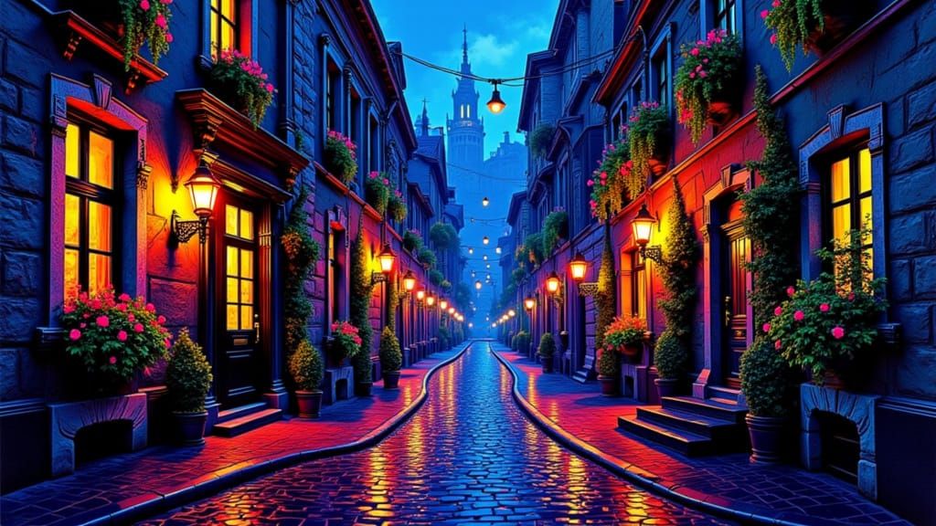 Impressionistic Oil Painting of a European Street at Twiligh...