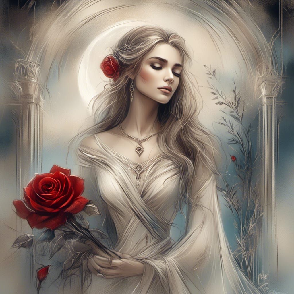 Woman with Rose at Graveside in Airbrush Art