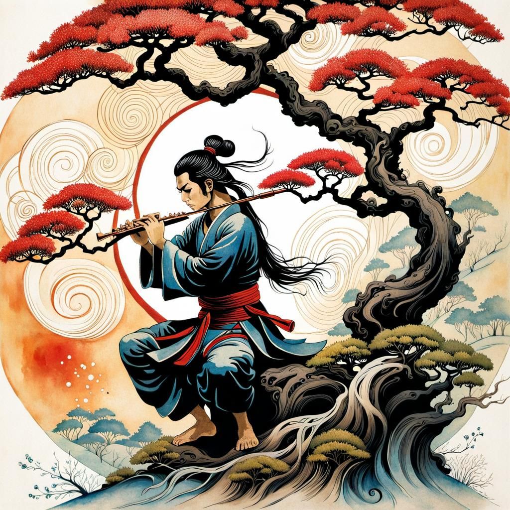 Samurai Flute Serenade Under Bonsai Tree in Folk Art Style