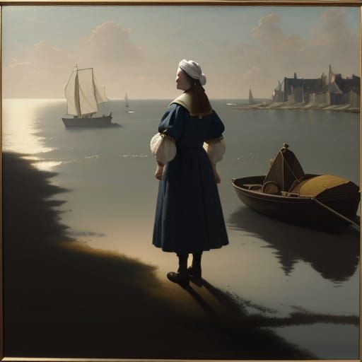 Golden Age Seascape with Sailboats in Vermeer Style