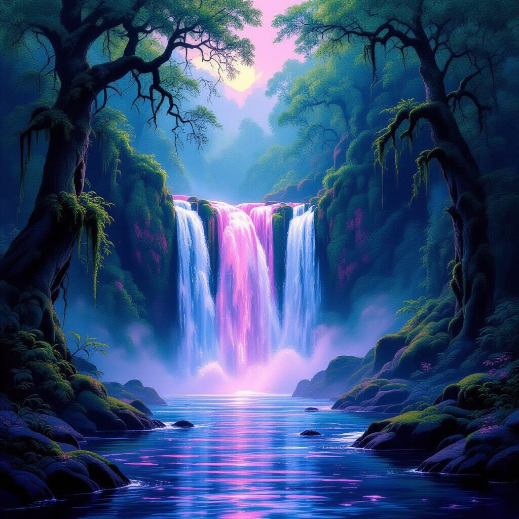Bioluminescent Pink and Black Waterfall in Mystical Forest