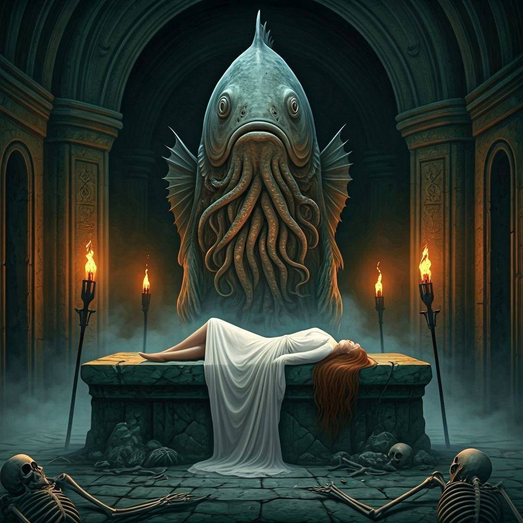 Eerie Fish-Headed Statue in Lovecraftian Scene