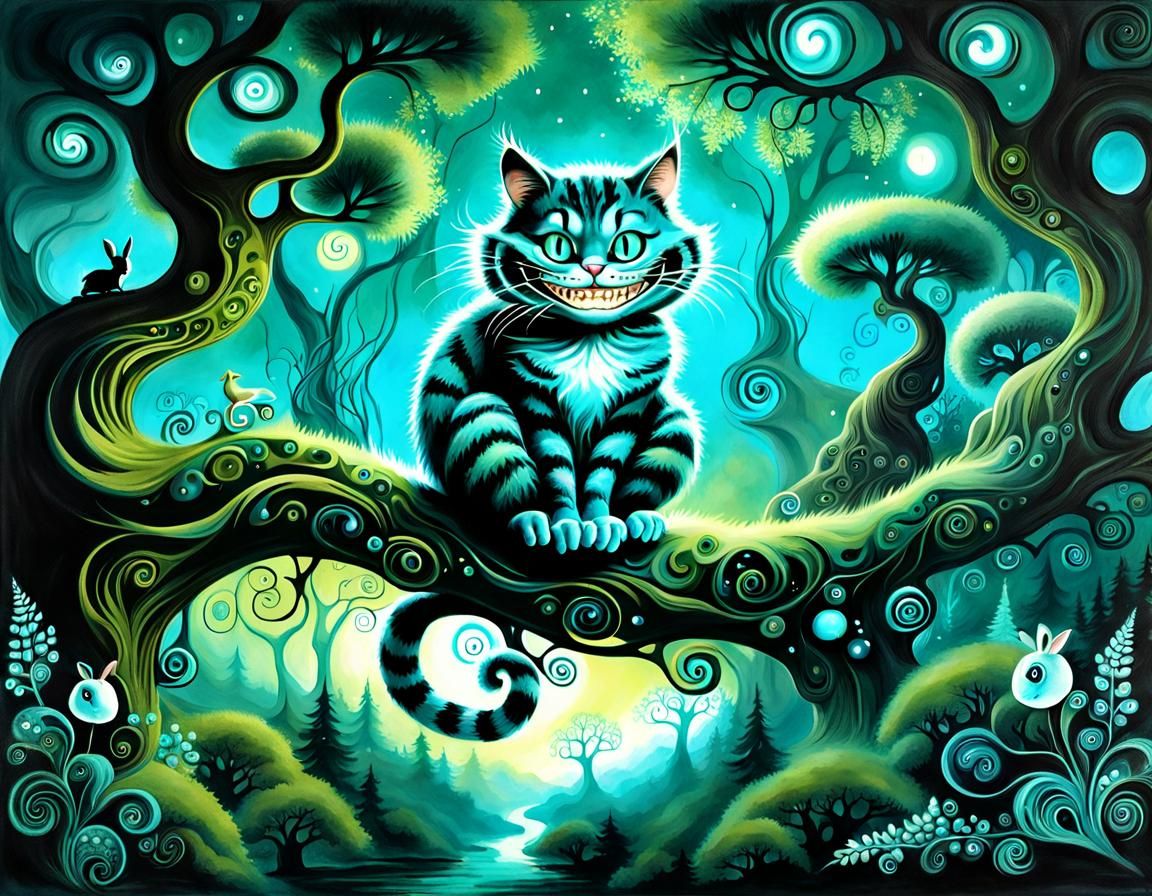 Grinning Cheshire Cat in Fractal Forest Ink Wash