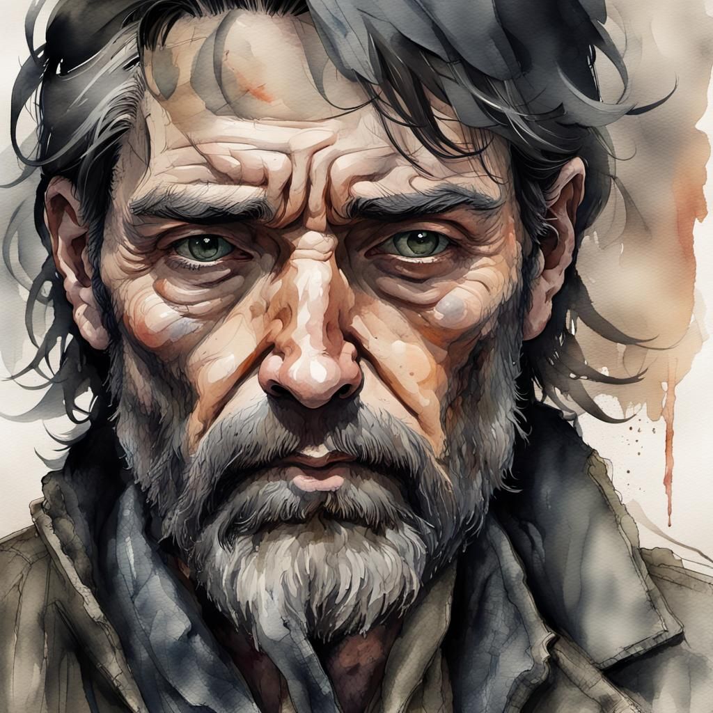 Distressed Man Portrait in Watercolor Charcoal Style