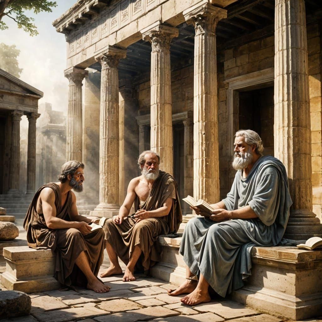 Philosophers Debate in Greek Courtyard: Romanticism Style