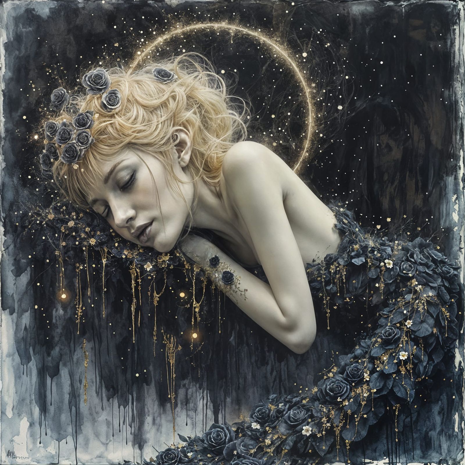 Dreamy Gothic Woman in Moonlight with Roses