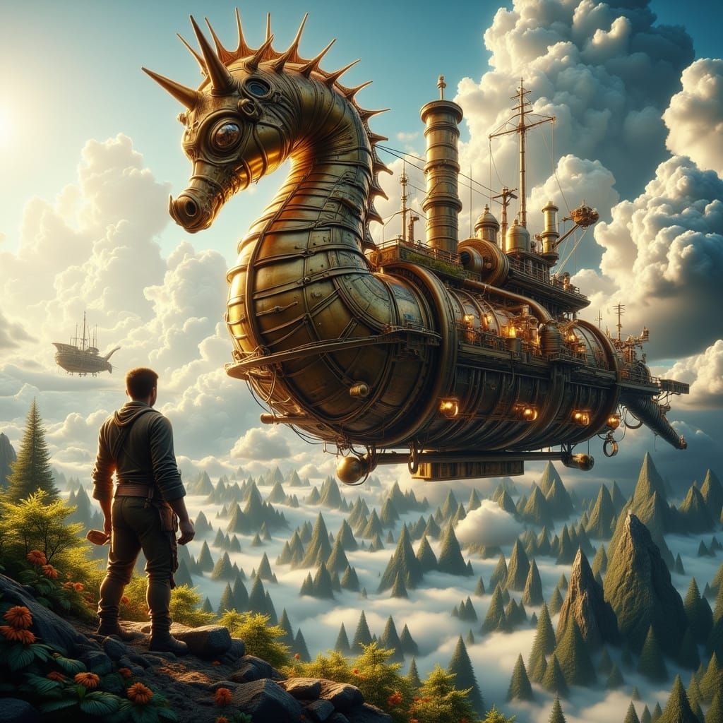 Steampunk Seahorse Airship Soars Through Fantastical Sky
