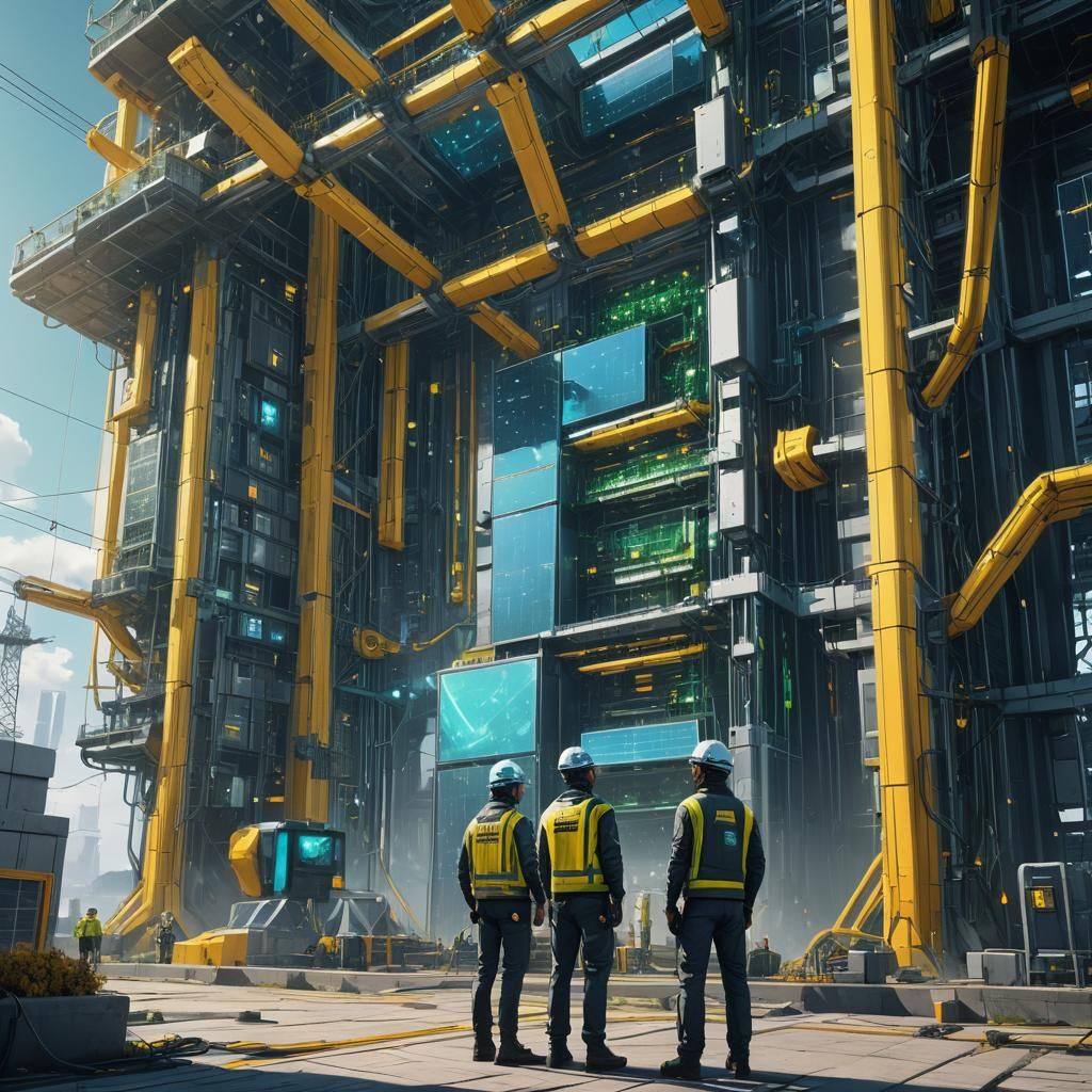 Futuristic Electricians in Vibrant Renewable Energy Scene