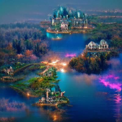 Cyberpunk Castle on Lake at Night in 8k