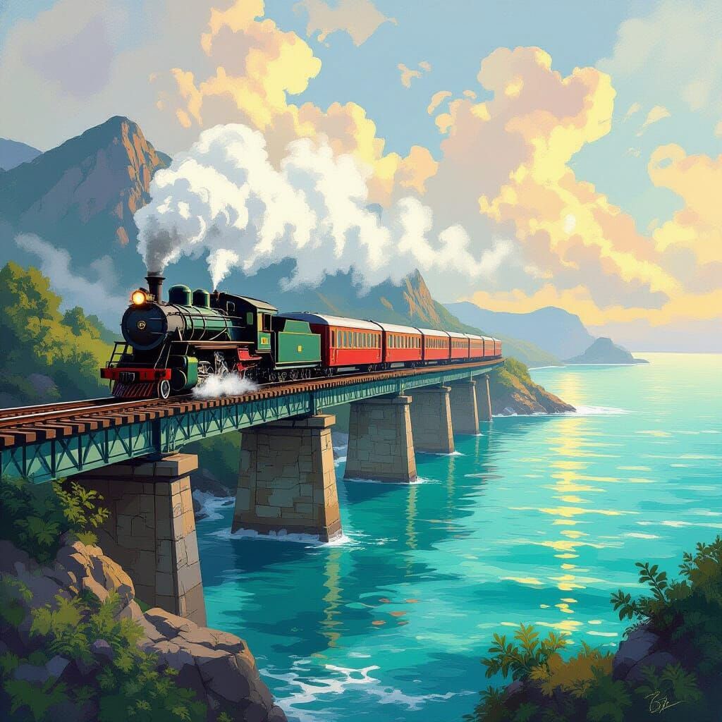 Serene Bridge & Vintage Train in Golden Light