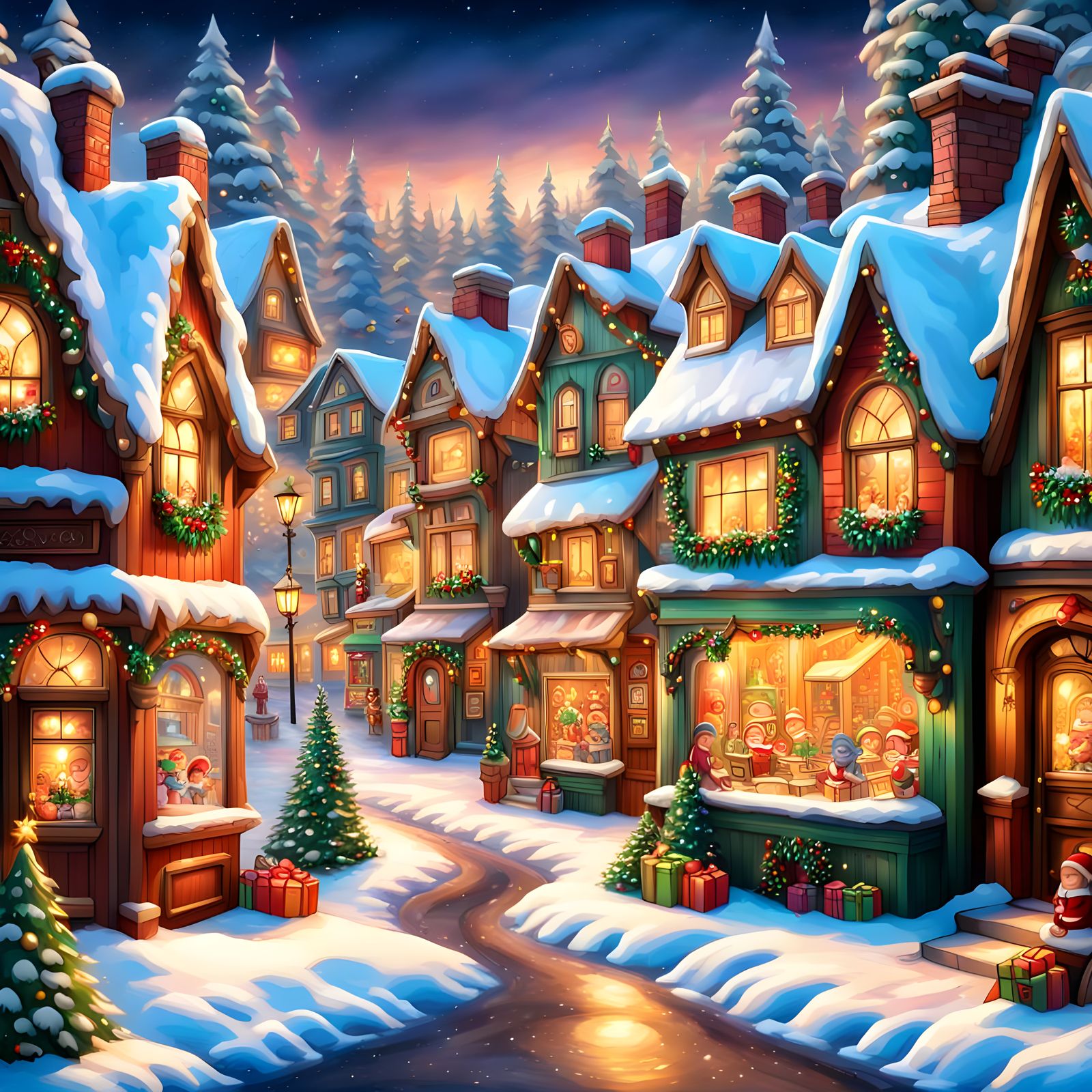 Charming Christmas Elf Village in Airbrush Style