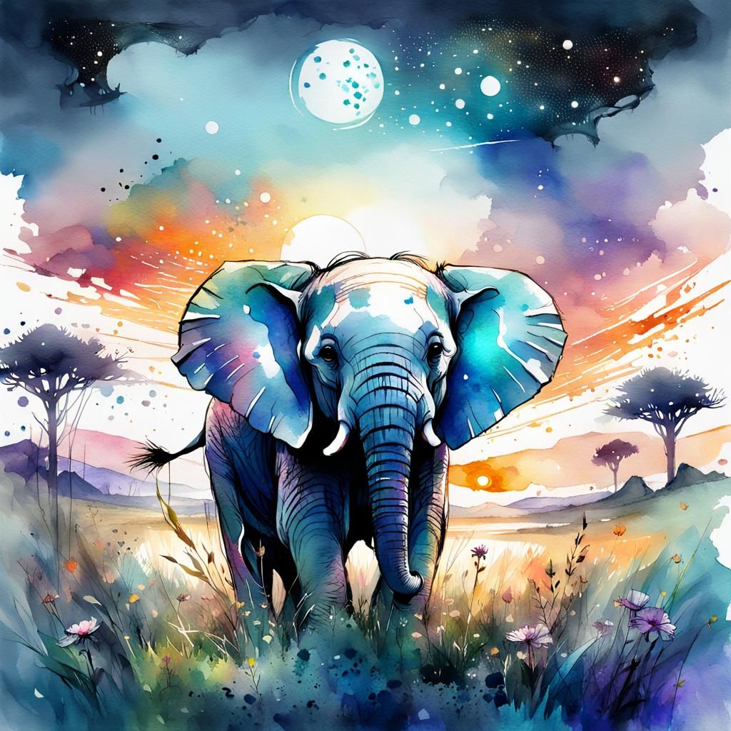 Chibi Elephant in Meadow at Night: Watercolor Art