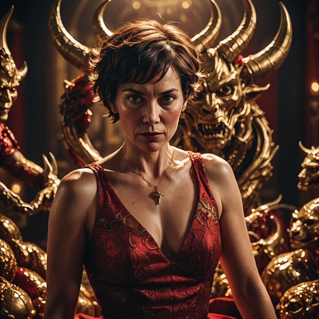 Opulent Portrait: Woman in Red Dress with Demon