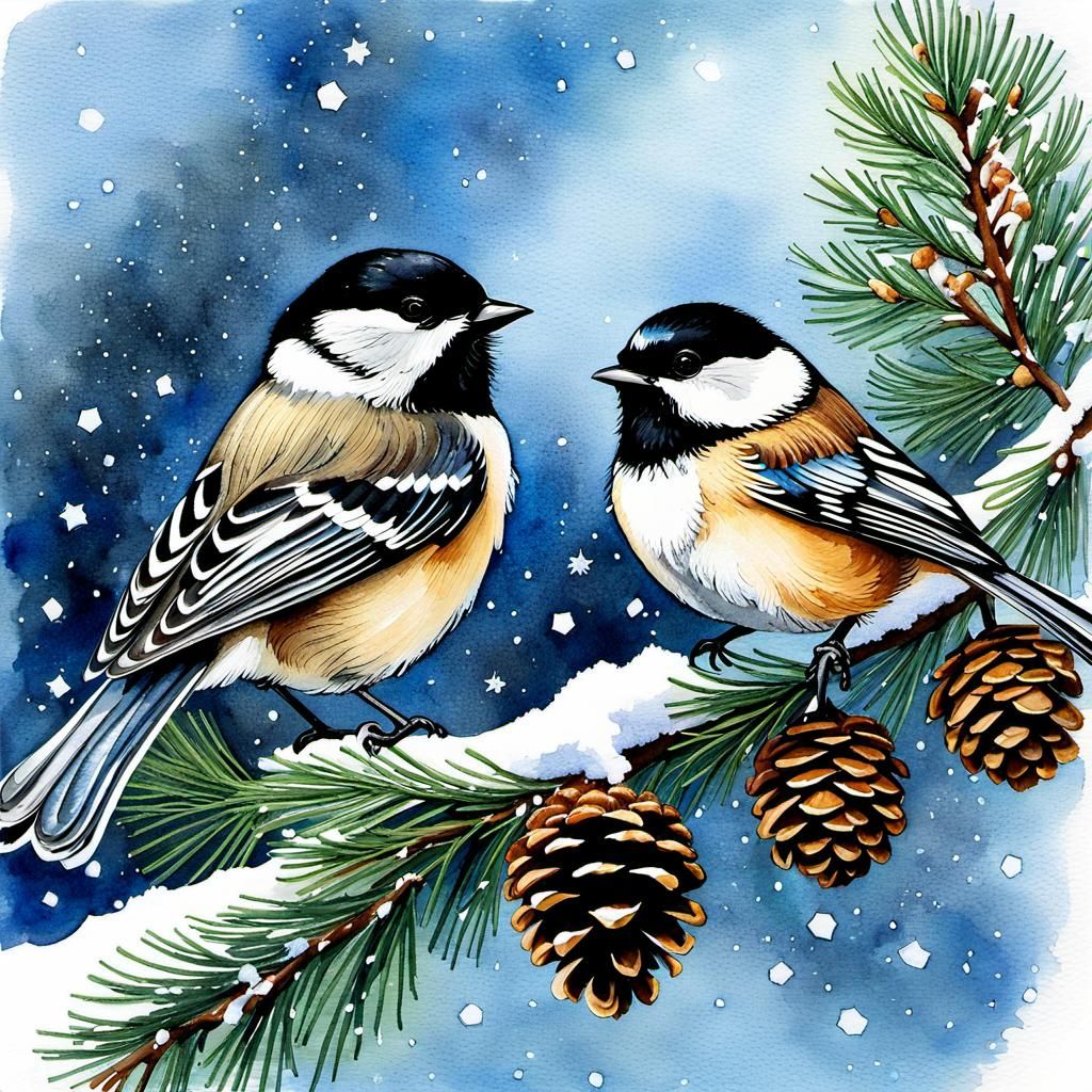 Chickadees on a Snowy Branch