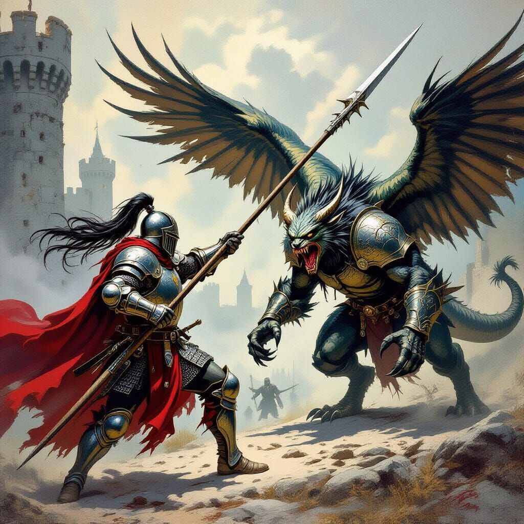 Knight Templar Battles Manticore in Dark Fantasy Style