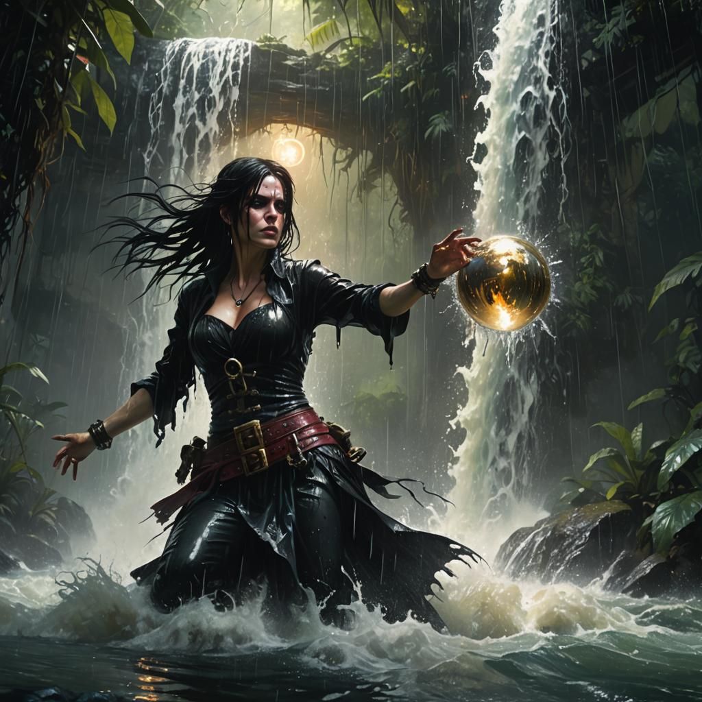 Goth Pirate Woman in Jungle Waterfall Splash Art