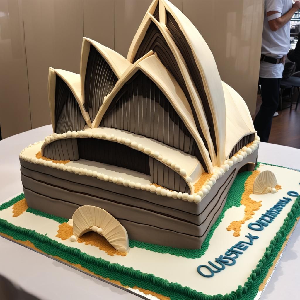 A large cake in the shape of the Sydney opera house celebrat...