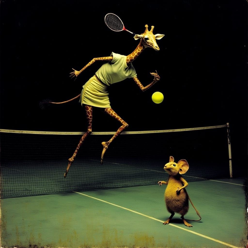 Giraffe Serves Tennis Ball to Mouse in Realistic Style