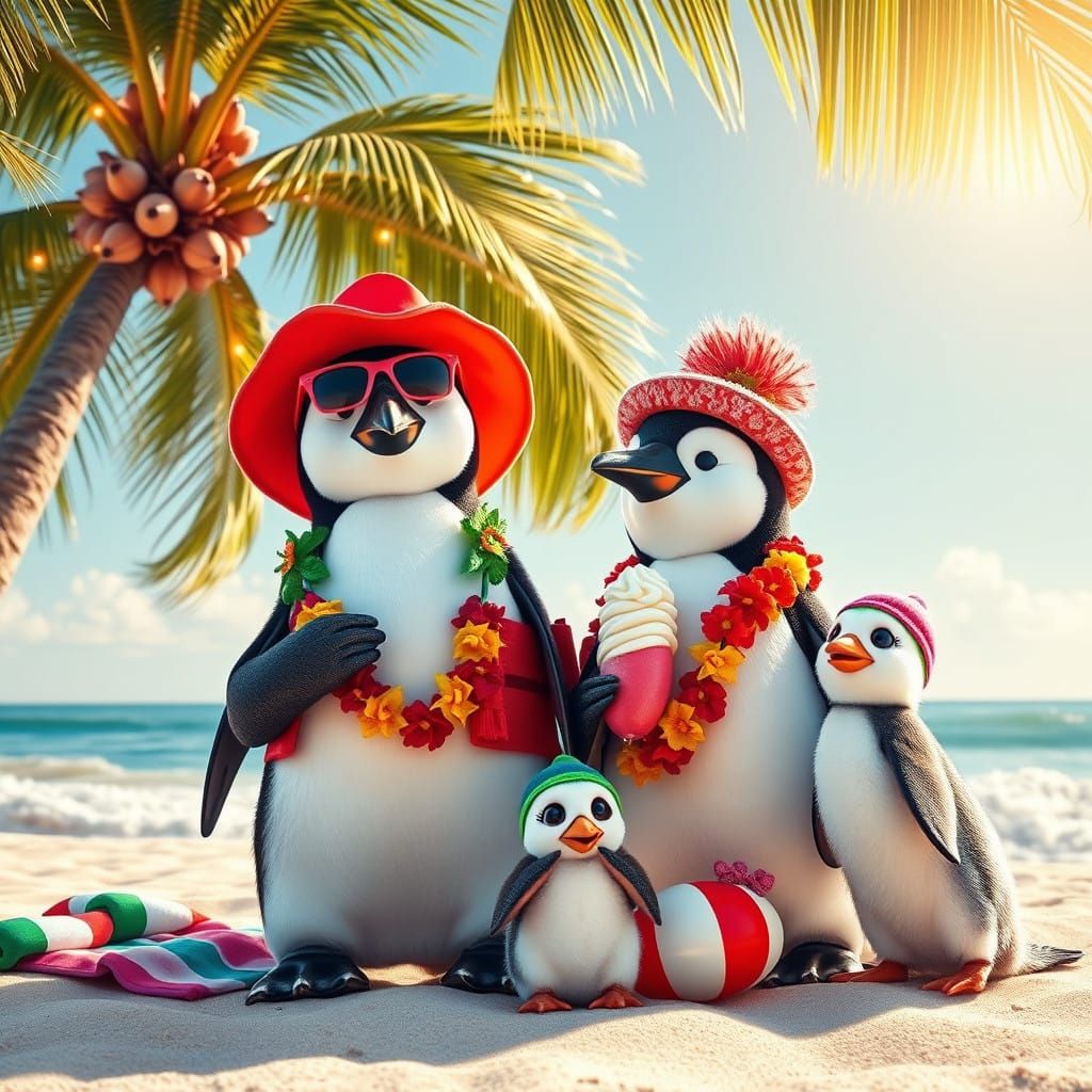 Vibrant Tropical Beach Scene with Happy Penguin Family