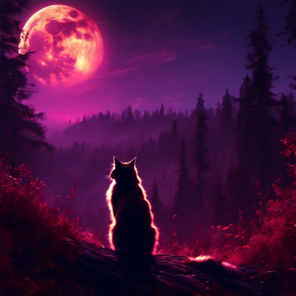 Norwegian Cat Silhouette Under Moonlight, Dark Fantasy Art