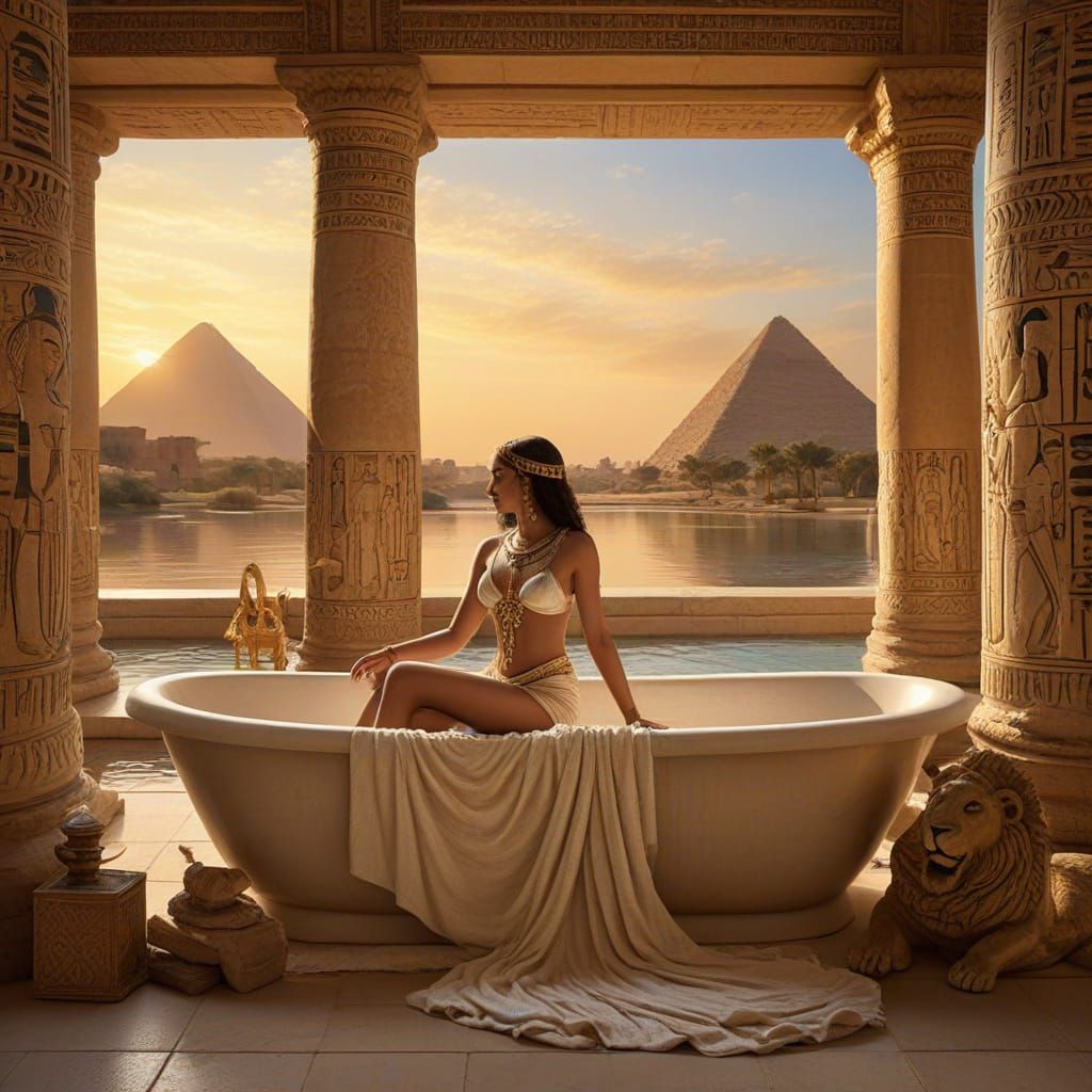 Cleopatra in Royal Bath with Lion, Ancient Egyptian Art