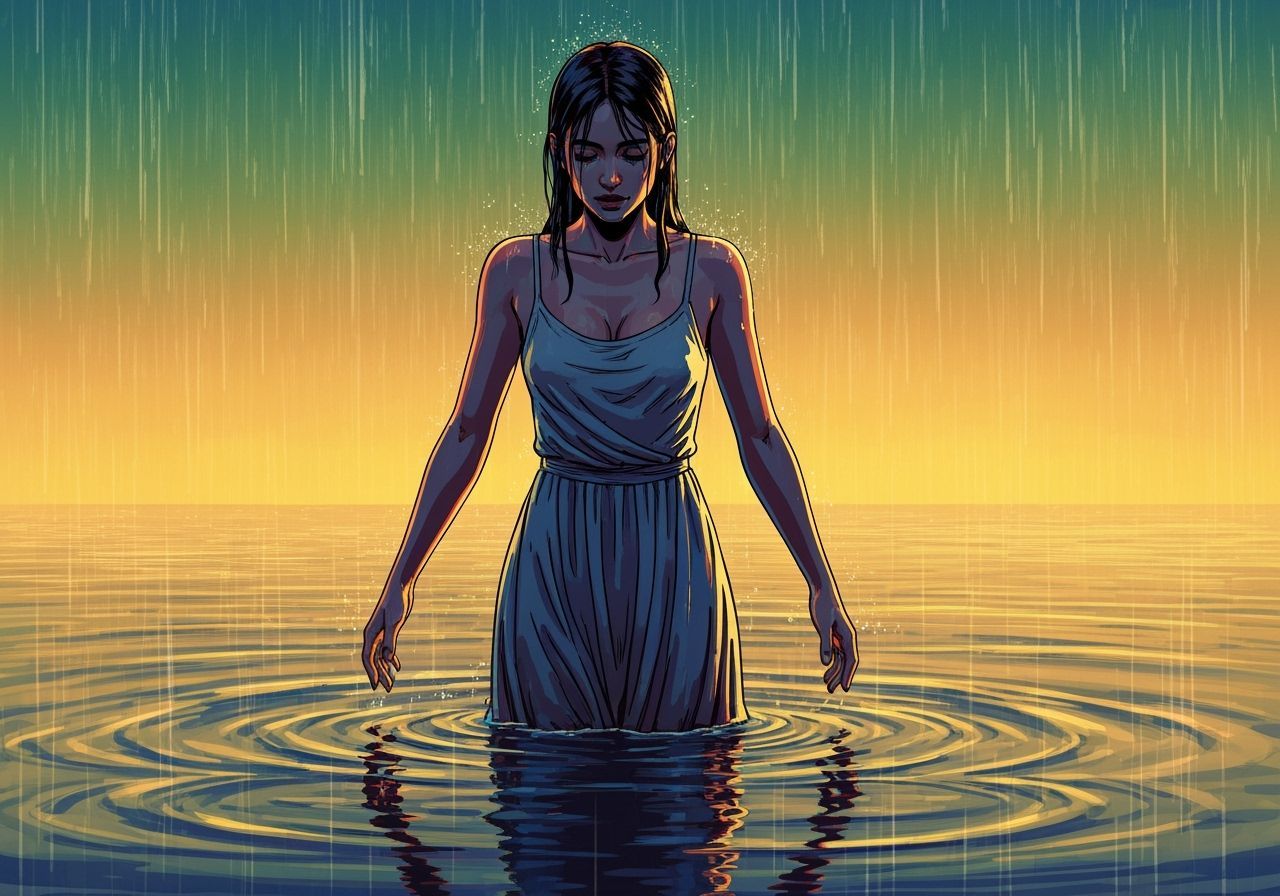 Woman Pouring Rain in Cel-Shaded Style