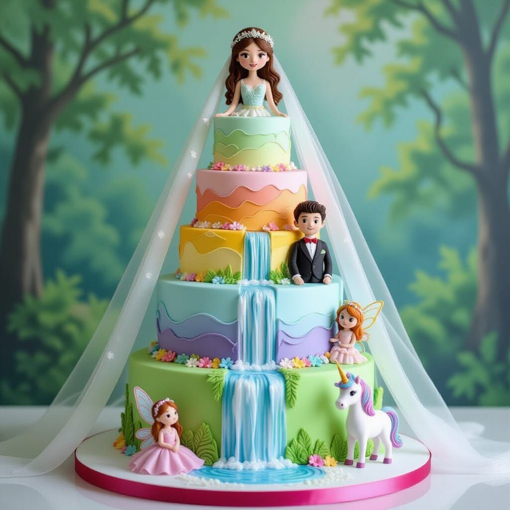 Vibrant Forest Cake with Unicorn and Fairy Elements