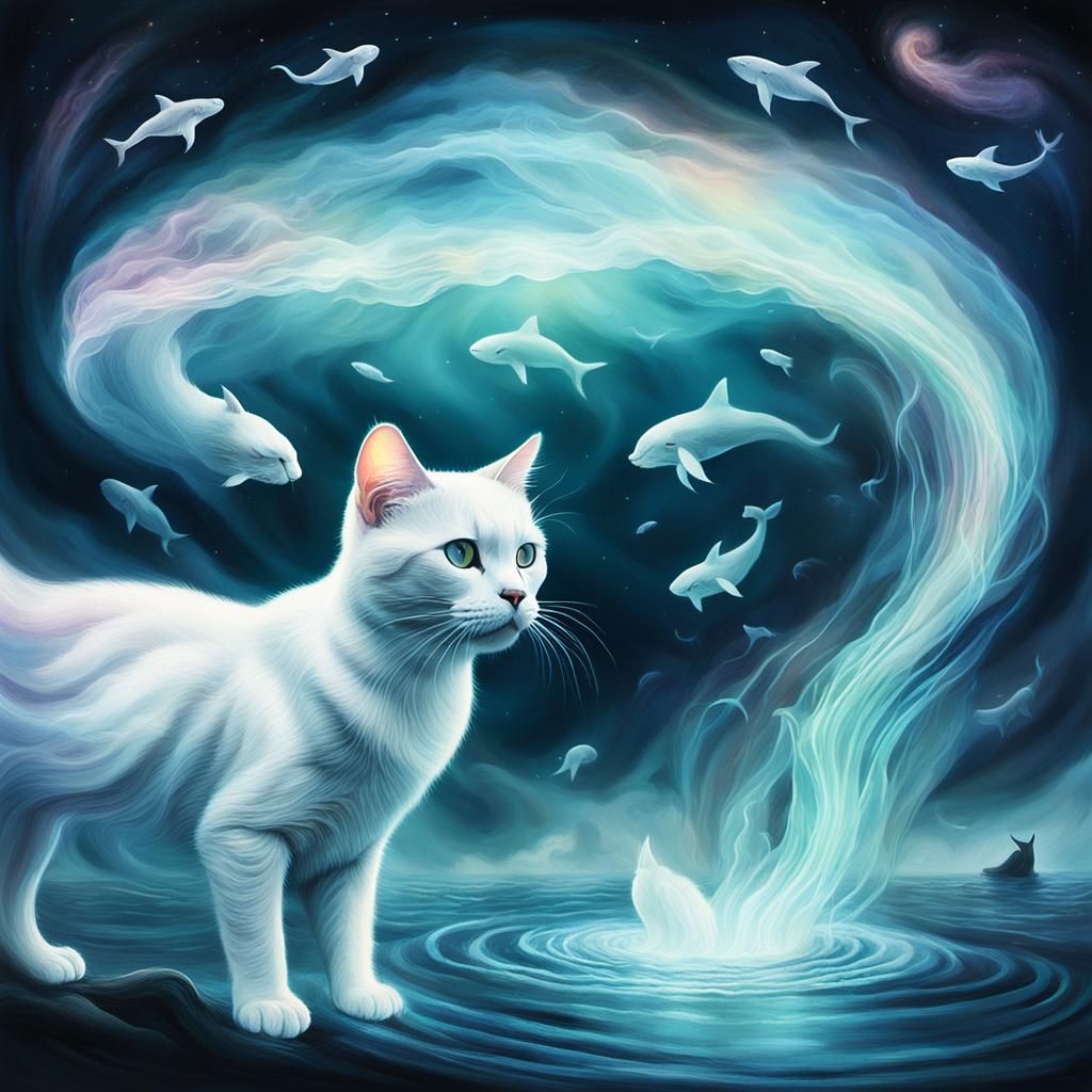 Ghostly Cats Watching Whale in Surreal Sky