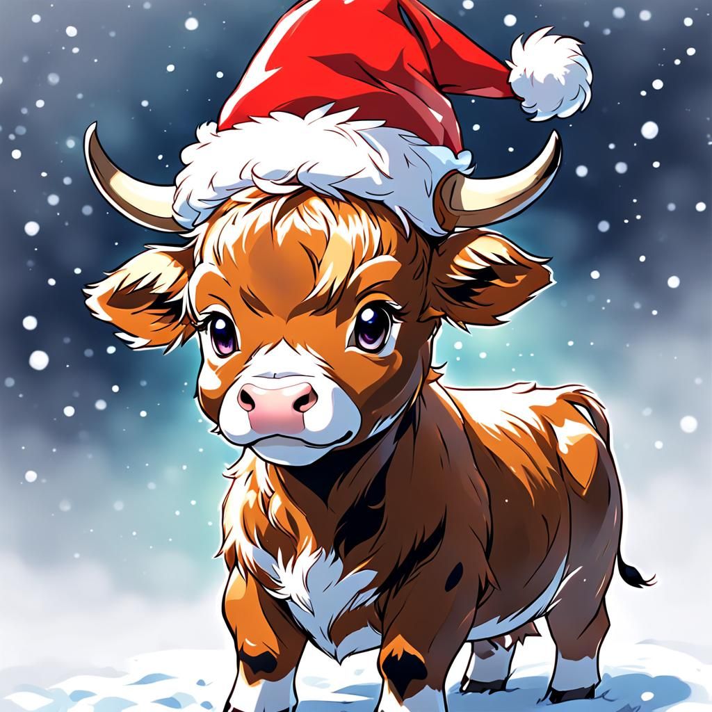 Festive Baby Highlander Cow in Anime Style