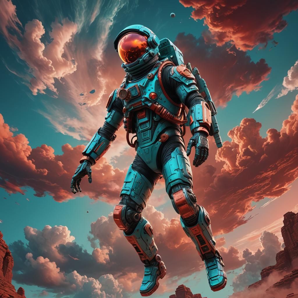 Biomechanical Astronaut in Red Sky: Digital Concept Art