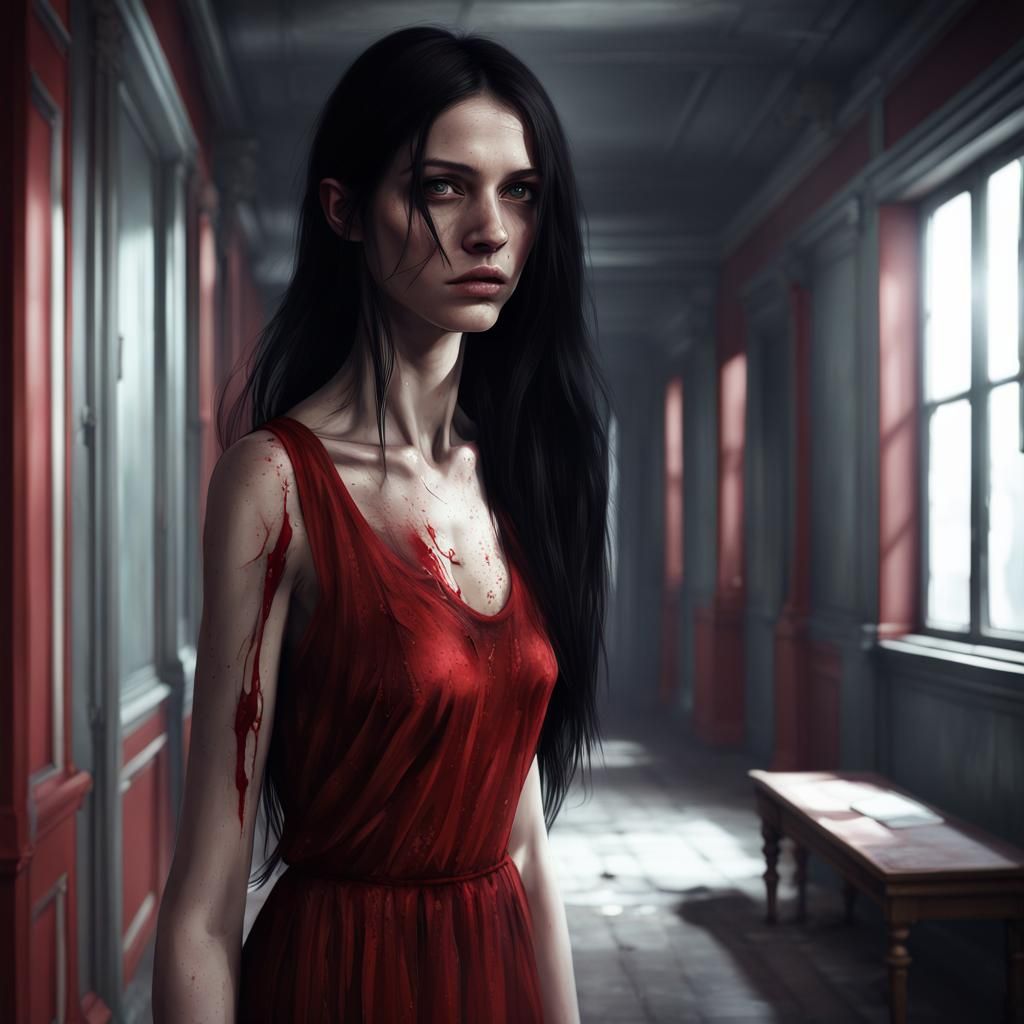 Melancholy Woman in Red Dress: Fantasy Concept Art